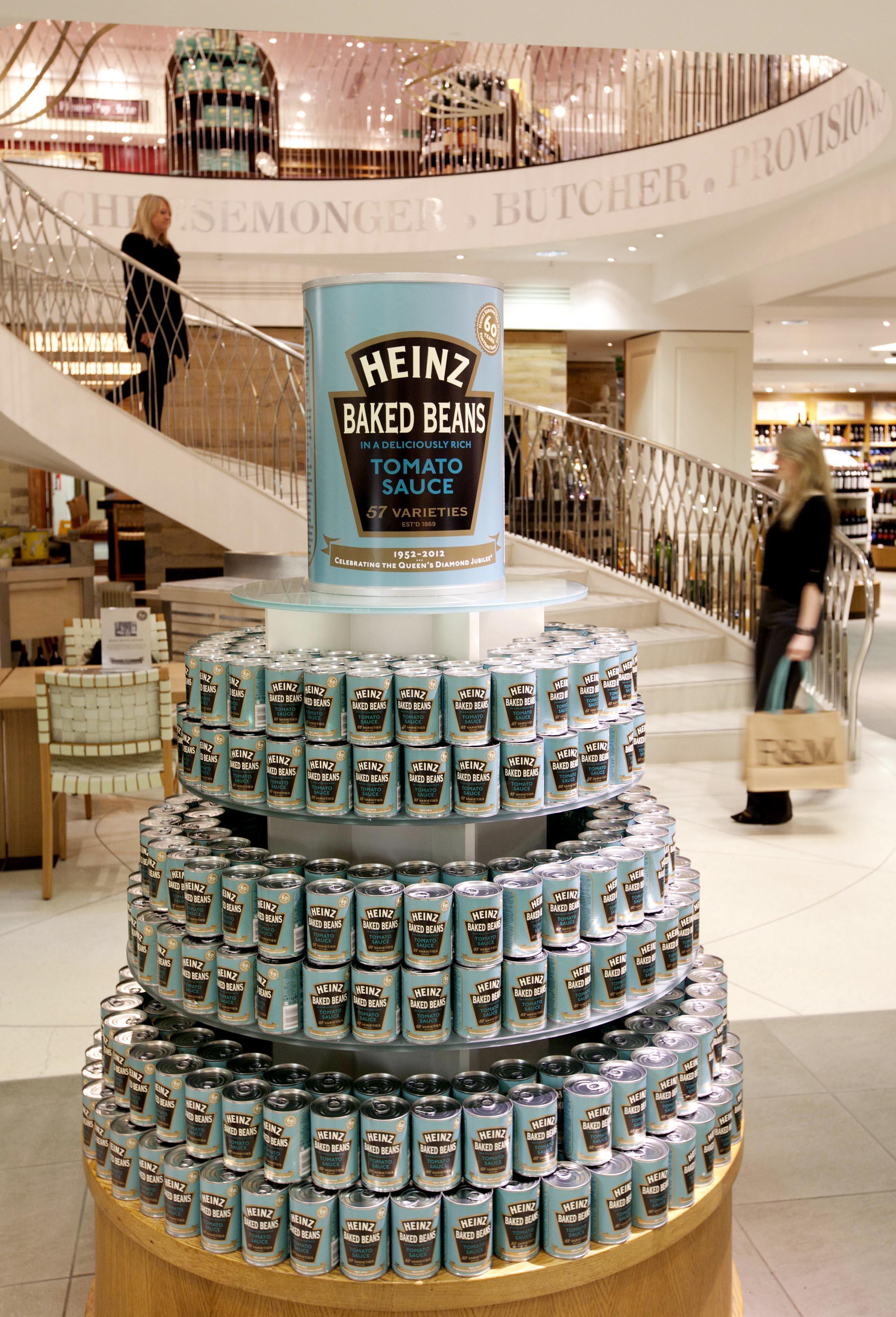 Heinz limited edition vintage 1952 label beans cans for the Queen's Diamond Jubilee on sale at Fortnum and Mason, London