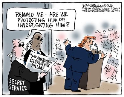 Political cartoon U.S. Donald Trump comments second amendment Secret Service
