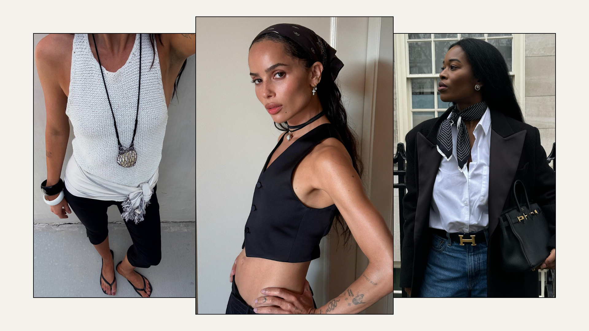 A collage of stylish scarf outfits, as seen on style insiders like Zoe Kravitz.