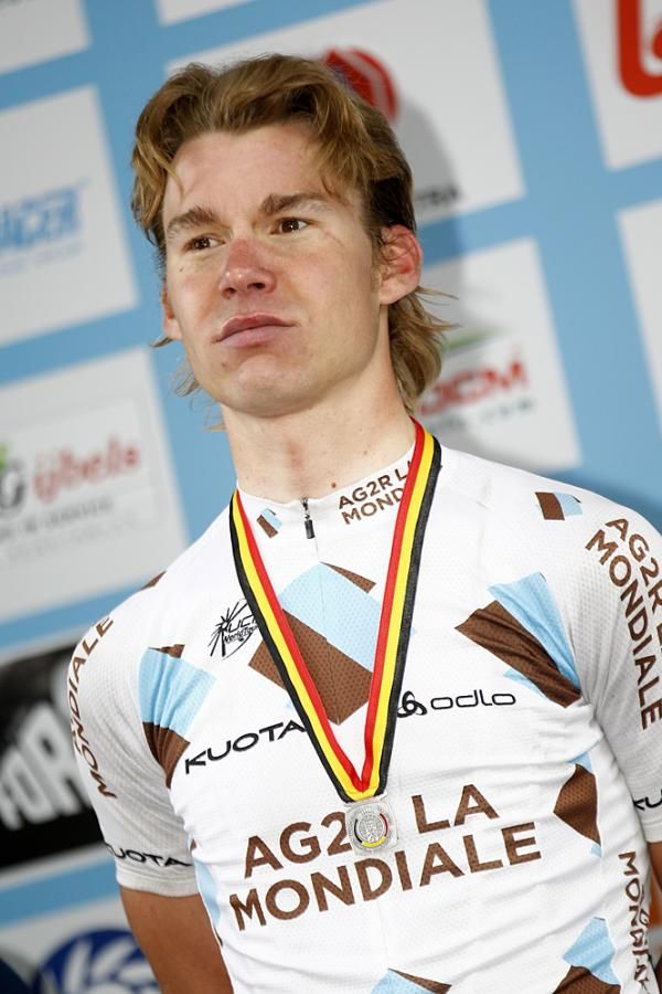 Kristof Goddaert (AG2R La Mondiale) on the podium after finishing 2nd behind Tom Boonen at the 2012 Belgian road championship