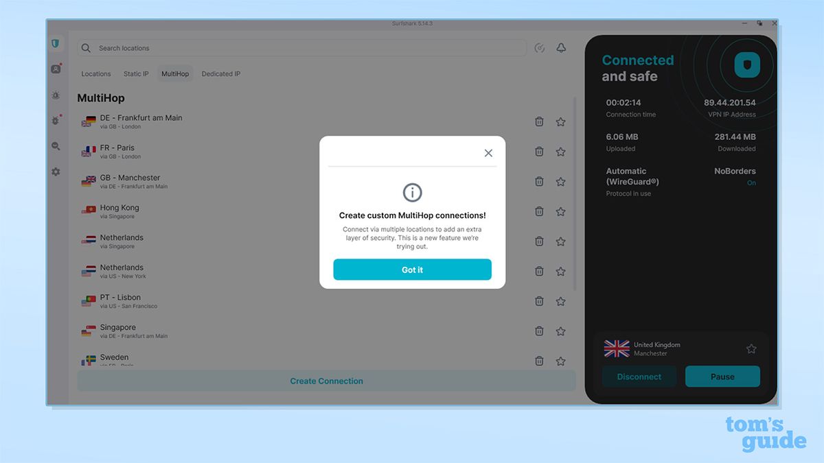 The multi-hop tab on Surfshark's Windows app. In front of a list of its multi-hop servers is a pop-up which reads: "Create custom MultiHop connections! Connect via multiple locations to add an extra layer of security. This is a new feature we're trying out."