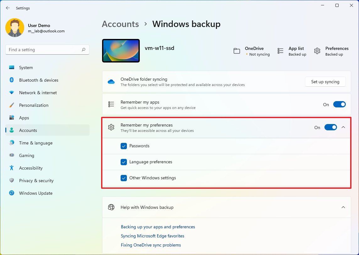 Windows 11 sync preferences