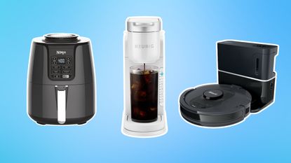 Air fryer, coffee maker, and robot vacuum on blue background