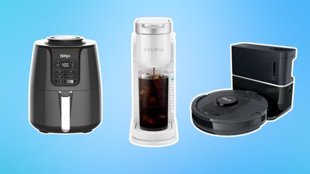 Air fryer, coffee maker, and robot vacuum on blue background