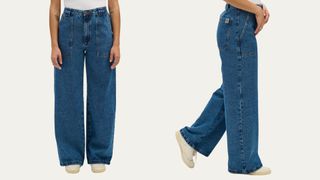 composite of model wearing lucy & yak dolores wide leg blue denim jeans