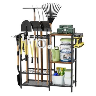 Homsorout Garden Garage Tool Organizer - With 3-Tier Shelves, Yard Tool Organizer for Garage With 4 Hooks, Heavy Duty Steel Garden Tool Rack Holds Up to 48 Long Handled Yard Tools for Storage