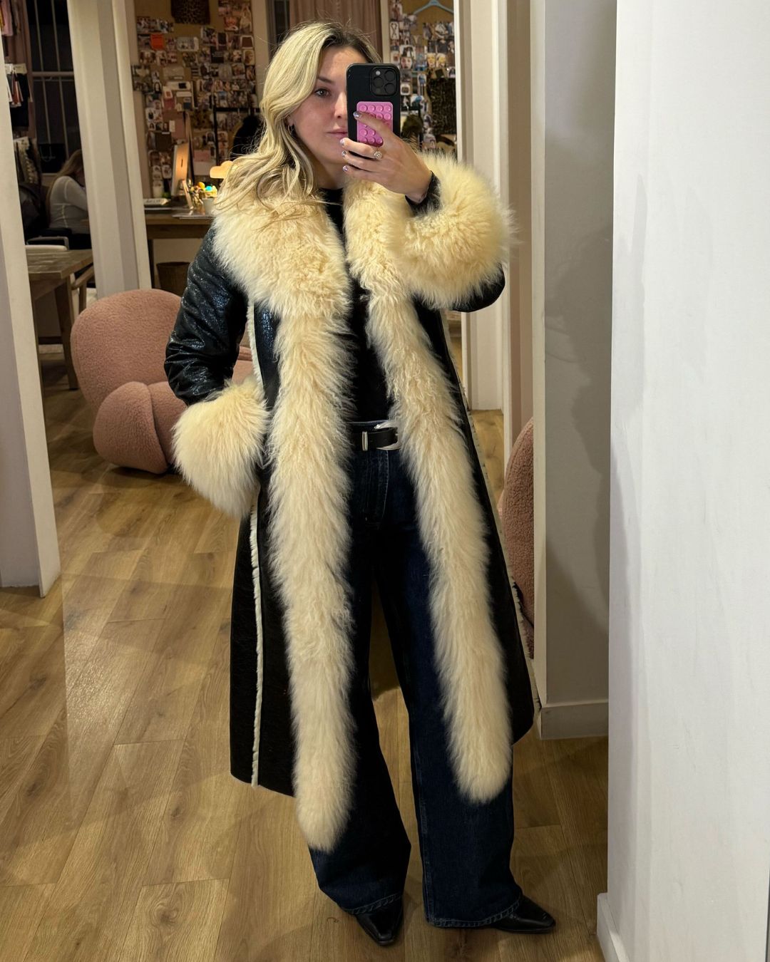 clementina jackson tries on a charlotte simone coat