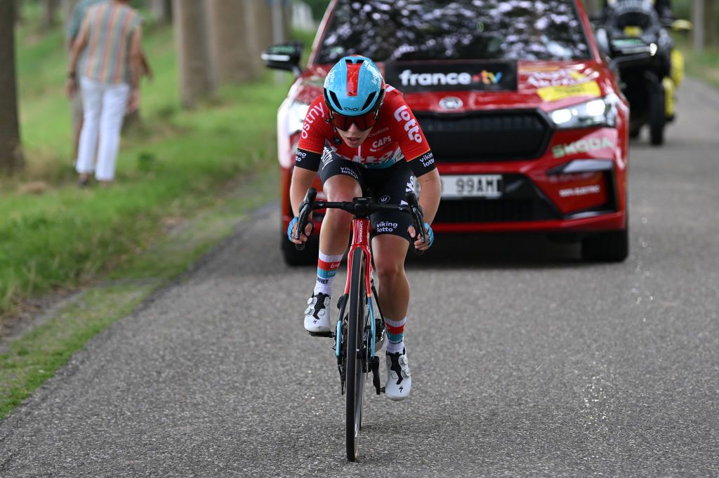 DORDRECHT NETHERLANDS AUGUST 13 Audrey De Keersmaeker of Belgium and Team Lotto Dstny Ladies competes in the breakaway during the 3rd Tour de France Femmes 2024 Stage 2 a 679km stage from Dordrecht to Rotterdam UCIWWT on August 13 2024 in Dordrecht Netherlands Photo by Dario BelingheriGetty Images