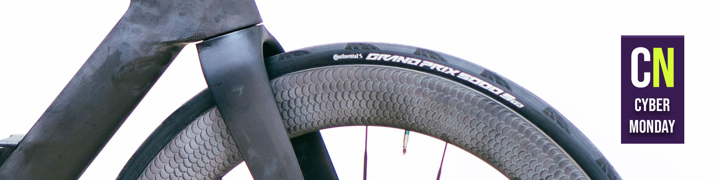 A continental GP5000 S TR, found among the Cyber Monday bike deals, fitted to some Scope wheels