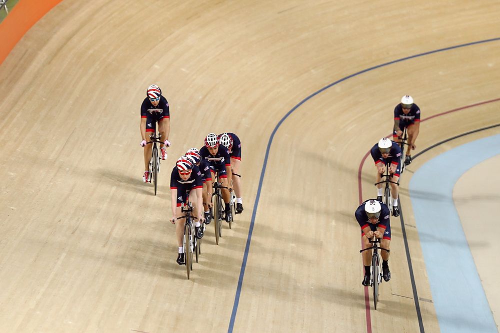 Team GB riders warm up during training at the Rio Olympic Velodrome