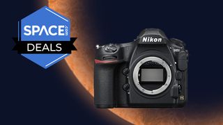 The Nikon D850 on Space.com orange planet backdrop with deals logo