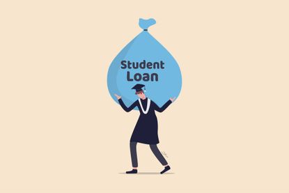 Illustration of graduated student wearing graduation ceremony suit holding heavy expensive student loan money bag.