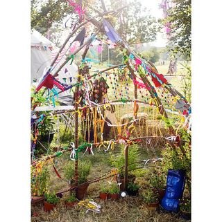 colourful ribbon covered garden den
