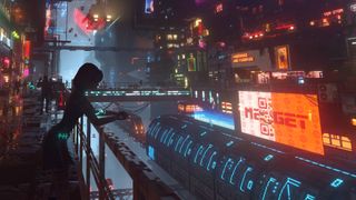 A shadowy figure looks out of a neon-lit cyberpunk city