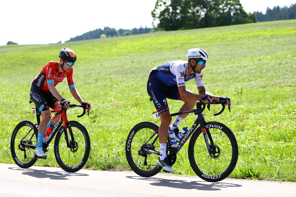 LAUSANNE SWITZERLAND JULY 09 LR Fred Wright of United Kingdom and Team Bahrain Victorious and Mattia Cattaneo of Italy and QuickStep Alpha Vinyl Team compete in the breakaway during the 109th Tour de France 2022 Stage 8 a 1863km stage from Dole to Lausanne Cte du Stade olympique 602m TDF2022 WorldTour on July 09 2022 in Lausanne Switzerland Photo by Michael SteeleGetty Images