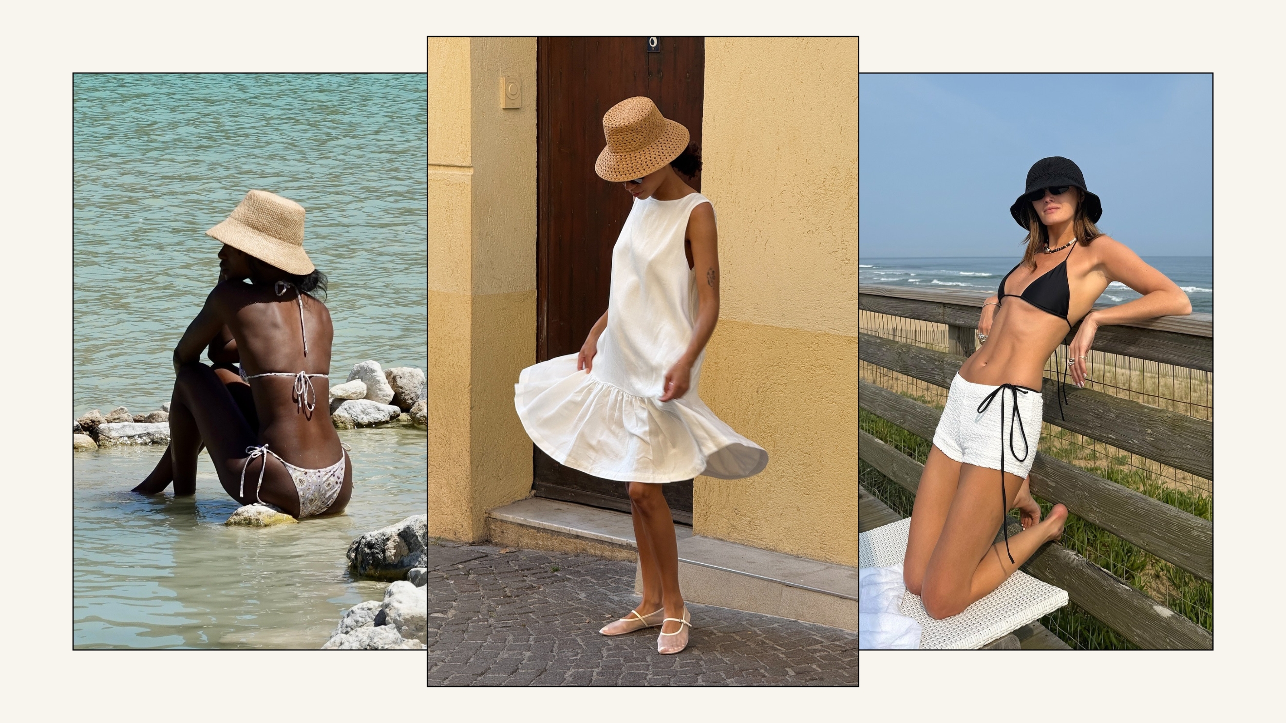 Emmanuelle Koffi, Zoë Foster Brown, Coco Schiffer wearing woven straw hats.