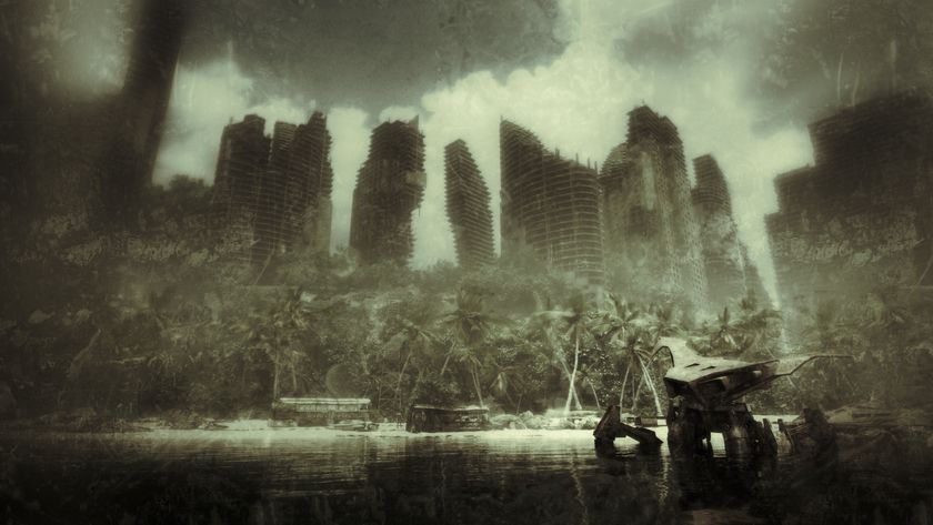 Misty, sepia-toned scene of a tropical shoreline overtaken by nature, with the remnants of shattered buildings and a rusted robot partially submerged in water. Tall palm trees and dense foliage frame the skeletal remains of skyscrapers in the background, suggesting a long-abandoned civilization.
