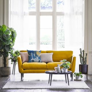 Velvet mustard sofa with accent cushions in living room, coffee table, and floor to ceiling windows
