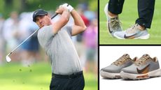 A number of pictures of Brooks Koepka and his Nike golf shoes