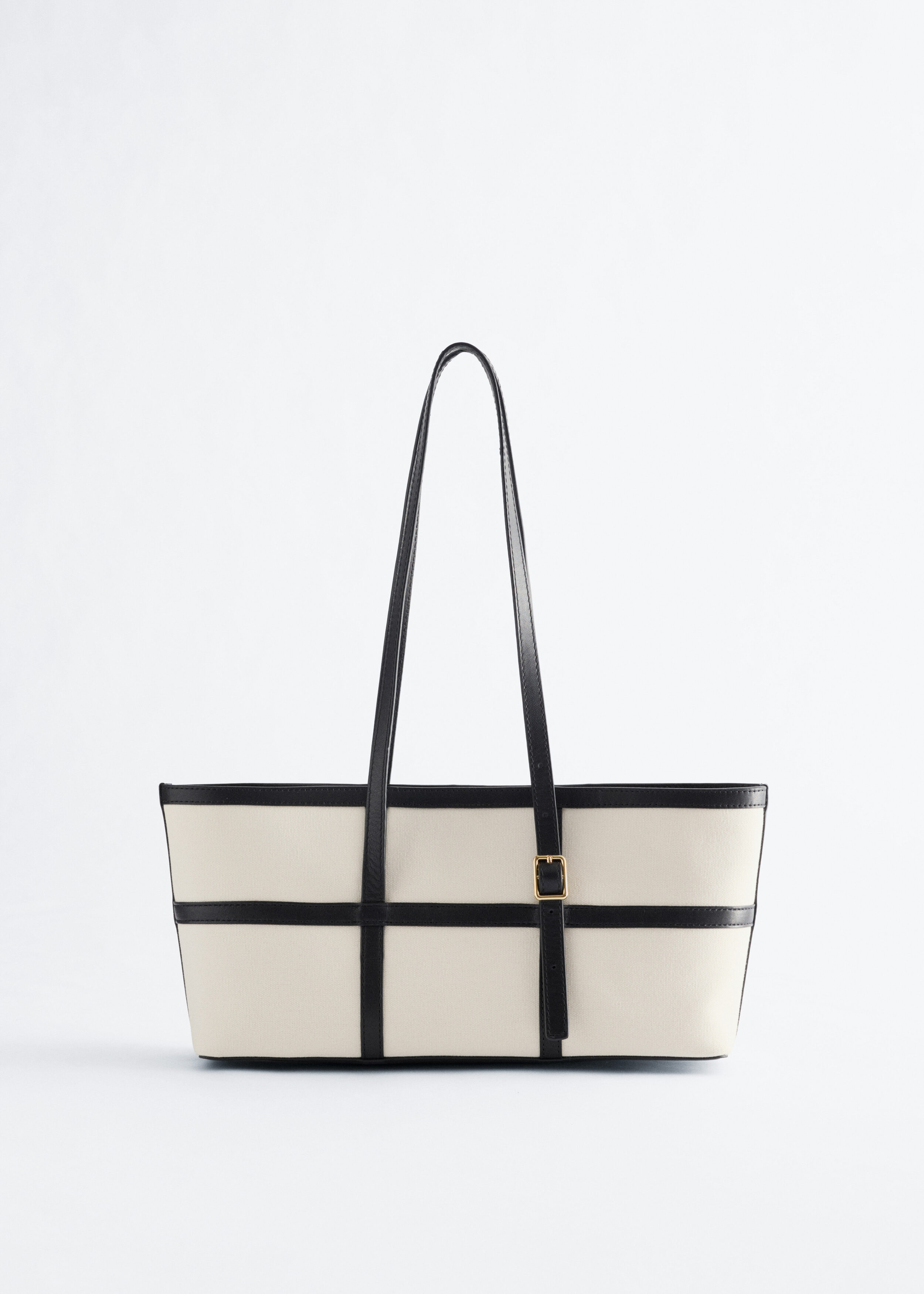 Leather-Trimmed Canvas Shoulder Bag - Off White/black