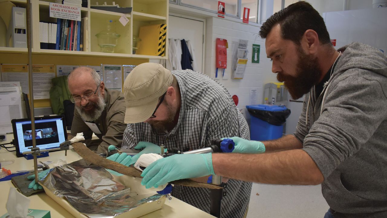 The rare boomerangs had to be carefully sampled in the laboratory for radiocarbon dating using a small drill.