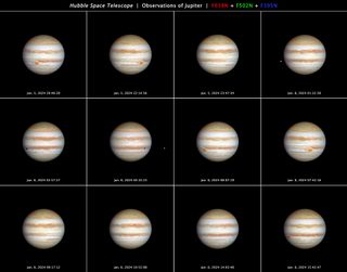 12 views of Jupiter were taken by Hubble throughout the planet's full rotation on January 5-6, 2024. At top center is the label "Hubble Space Telescope Observations of Jupiter." Next to the title are labels "F658N" in red, "F502N" in green, and "F395N" in blue, which represent the filters and colors used to make these images.