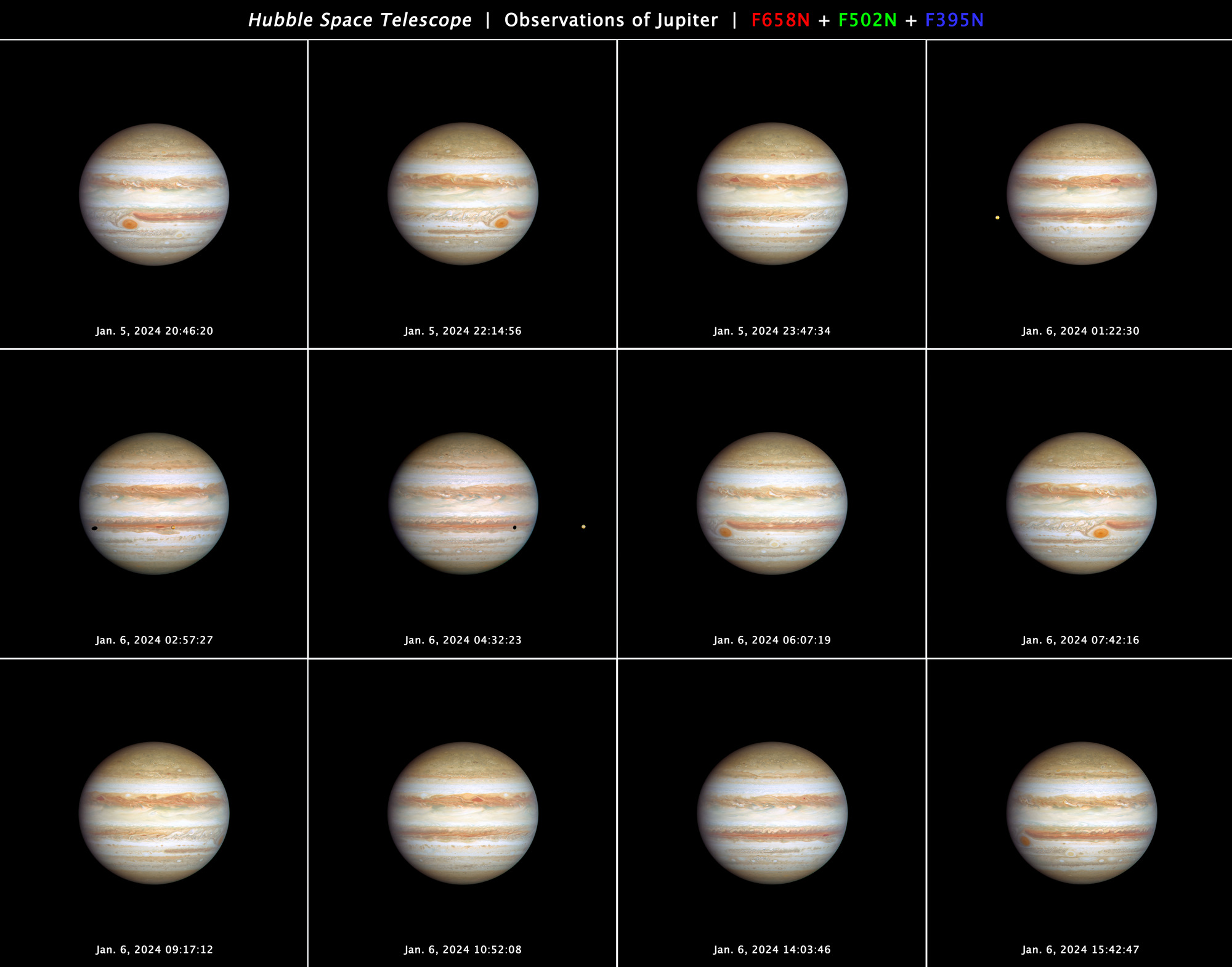12 views of Jupiter were taken by Hubble throughout the planet's full rotation on January 5-6, 2024. At top center is the label 