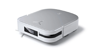 An Ecovacs Deebot X2 sits in a white void. A camera is clearly visible on the frontmost rectangular panel.