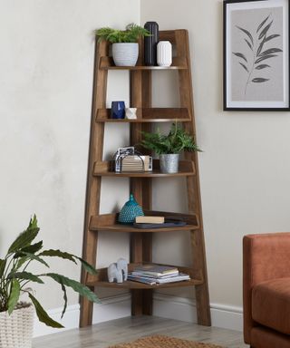 wooden ladder corner shelves in a living room