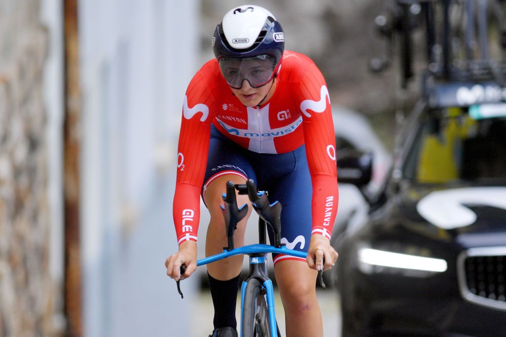 CASCATE DEL TOCE ITALY JULY 05 Emma Norsgaard Jorgensen of Denmark and Movistar Team during the 32nd Giro dItalia Internazionale Femminile 2021 Stage 4 a 112km Individual Time Trial from Fondovalle to Cascate Del Toce 1714m ITT GiroDonne UCIWWT on July 05 2021 in Cascate Del Toce Italy Photo by Luc ClaessenGetty Images
