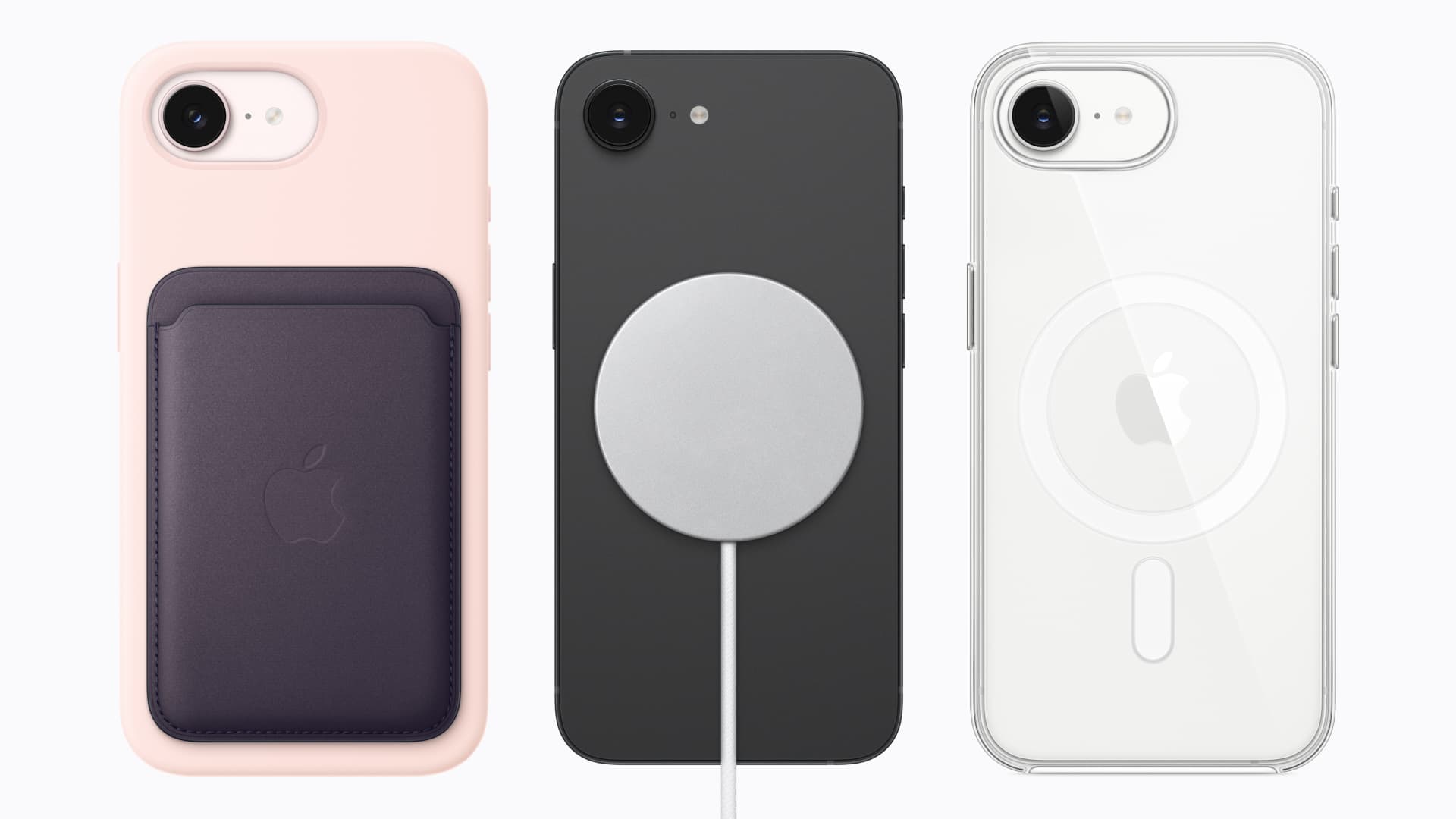 Three iPhone 17e phones with MagSafe accessories.