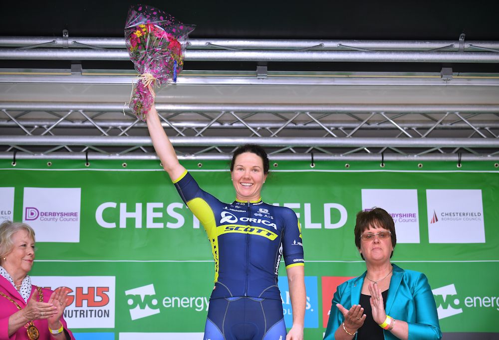 Sarah Roy (Orica-Scott) on the stage 4 podium at the Women's Tour