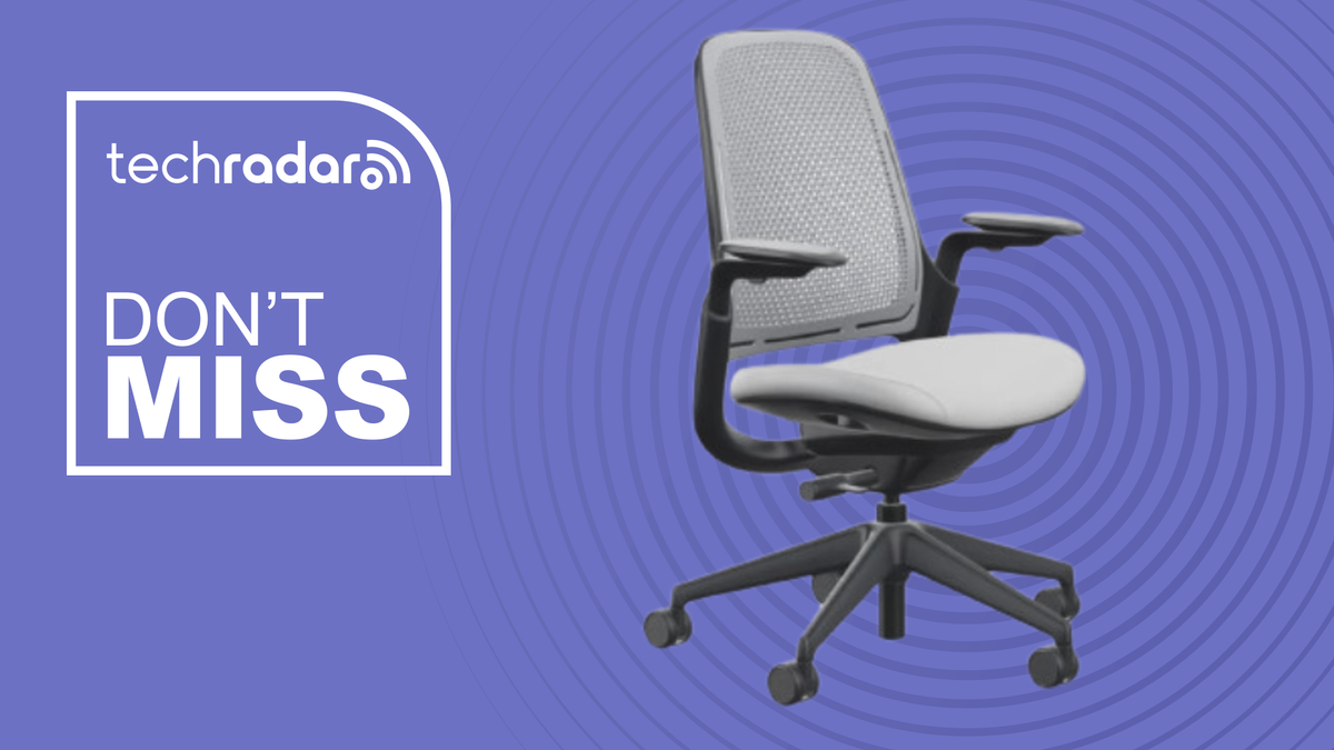 Steelcase office chair next to TechRadar text that says &#039;Don&#039;t Miss&#039;