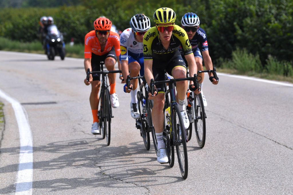 BAROLO ITALY AUGUST 12 Mikkel Frolich Honore of Denmark and Team Deceuninck QuickStep Callum Scotson of Australia and Team MitcheltonScott Philipp Walsleben of Belgium and Team AlpecinFenix Breakaway during the 104th Giro del Piemonte 2020 a 187km race from Santo Stefano Belbo to Barolo 294m GranPiemonte GranPiemonte on August 12 2020 Barolo Italy Photo by Tim de WaeleGetty Images