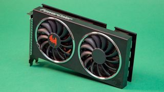 AMD Radeon RX 5500 XT on a green background, showing the fans