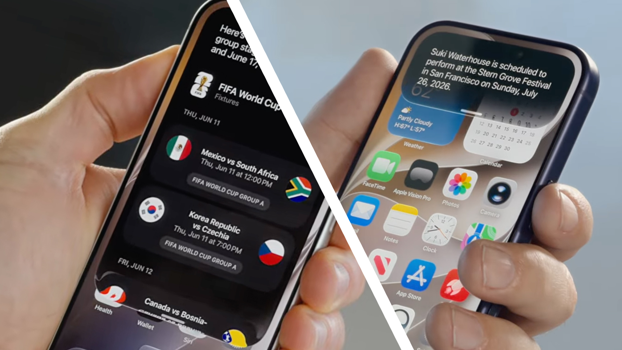 Two hands holding iPhones showing the new Siri AI feature in iOS 27