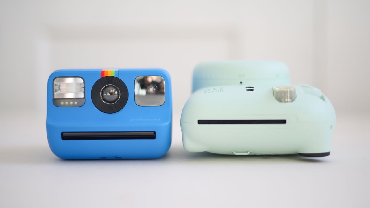Polaroid Go Gen 2 side-by-side size comparison with an Instax Mini 12, against a white background