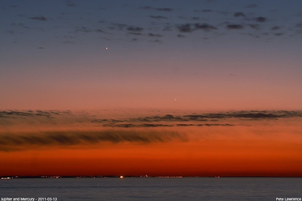 Mercury and Jupiter shine in this amazing view of the night sky captured by Pete Lawrence on March 13, 2011. Venus, Jupiter, Mercury and Saturn are all visible in the May 2015 night sky.