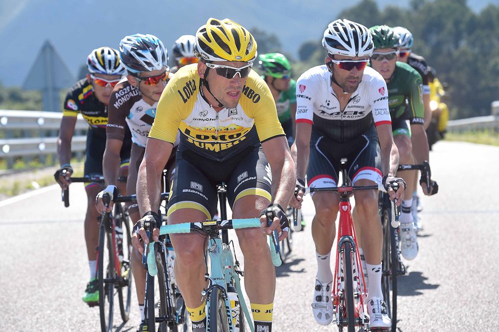 Maarten Tjallingii rides during stage 15.