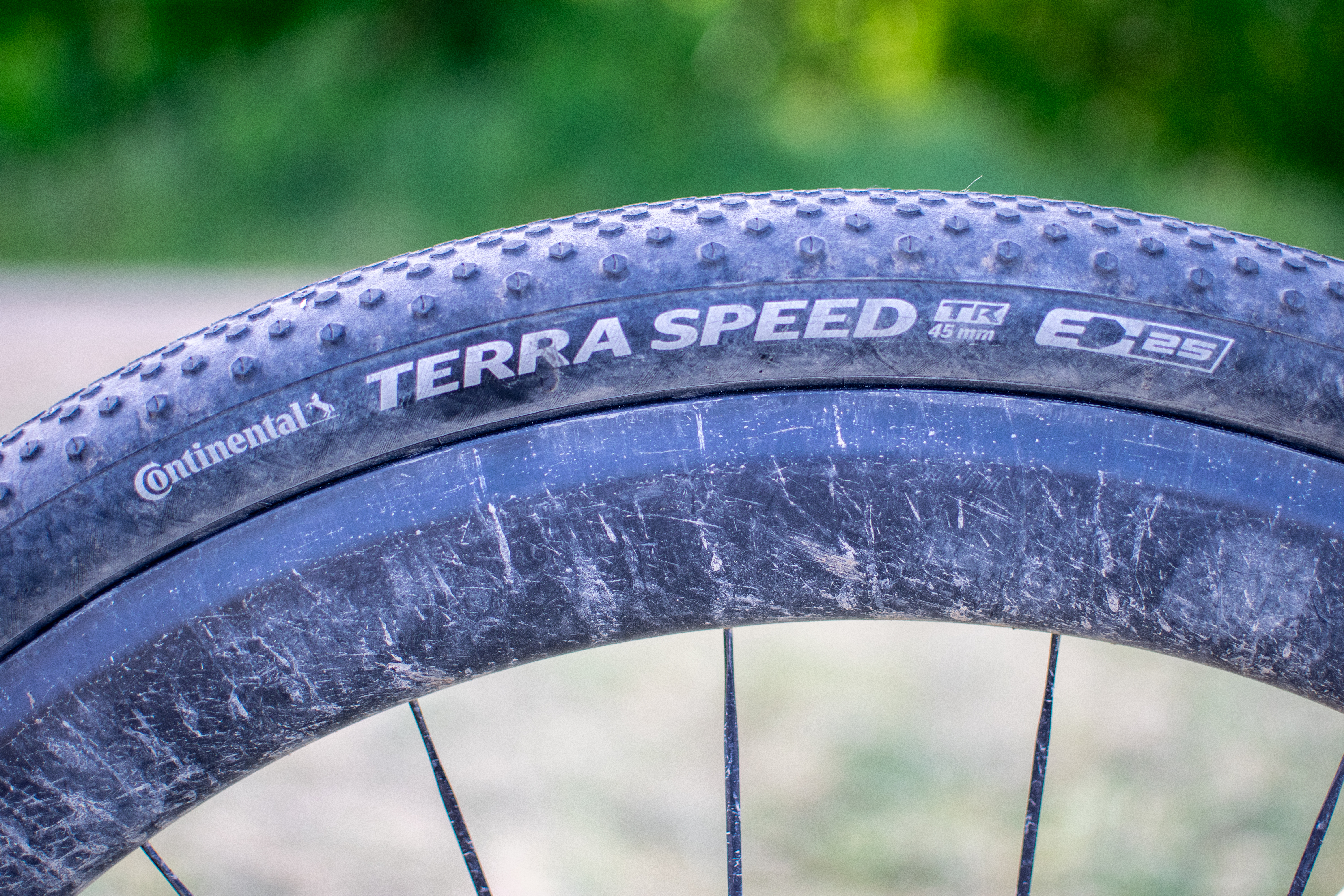 A Continental Terra Speed gravel tyre on a carbon wheel
