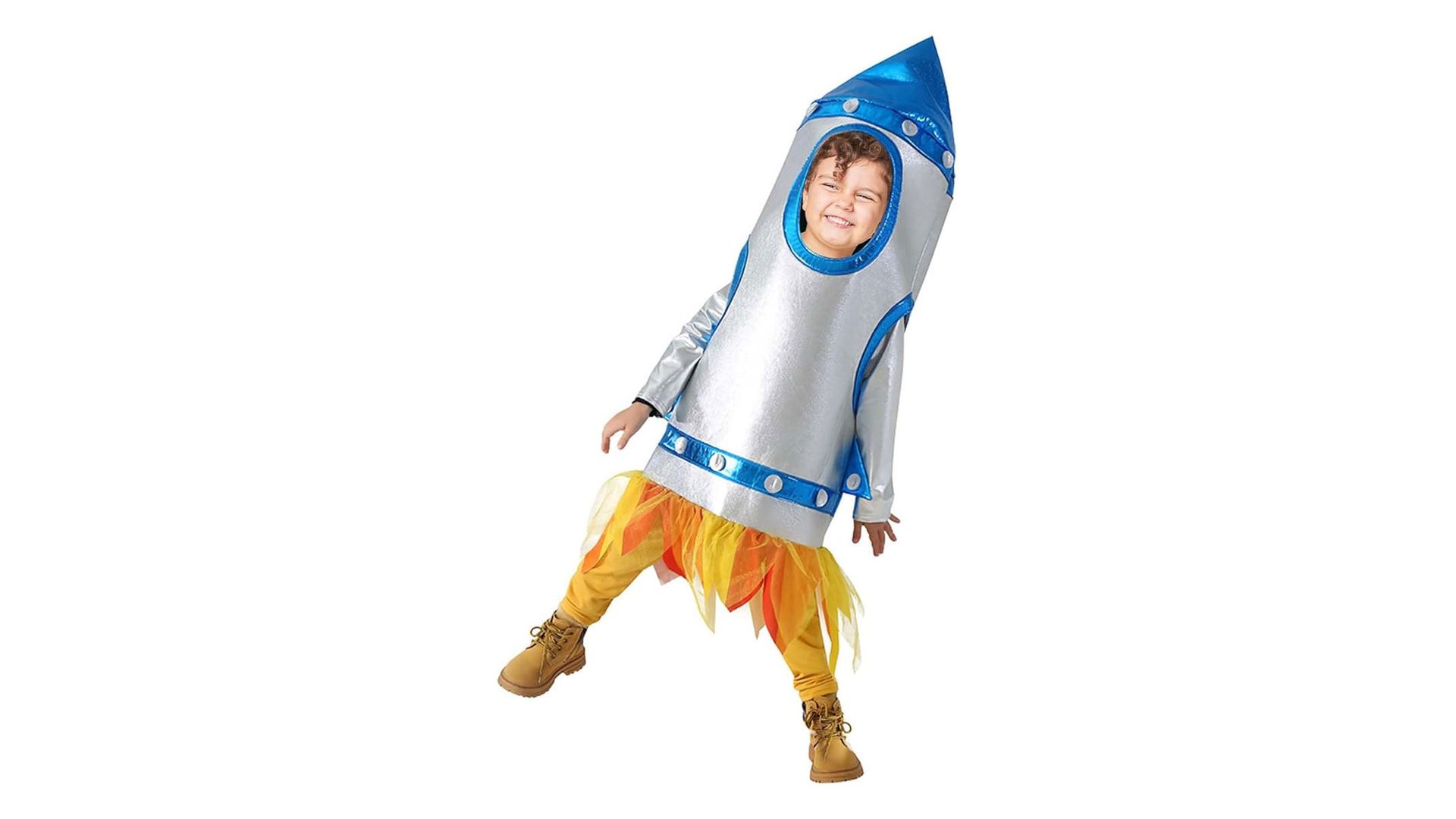 A child wearing a rocket costume on a white background.