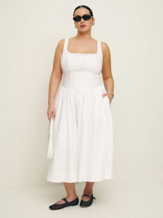 White linen dress with square neck