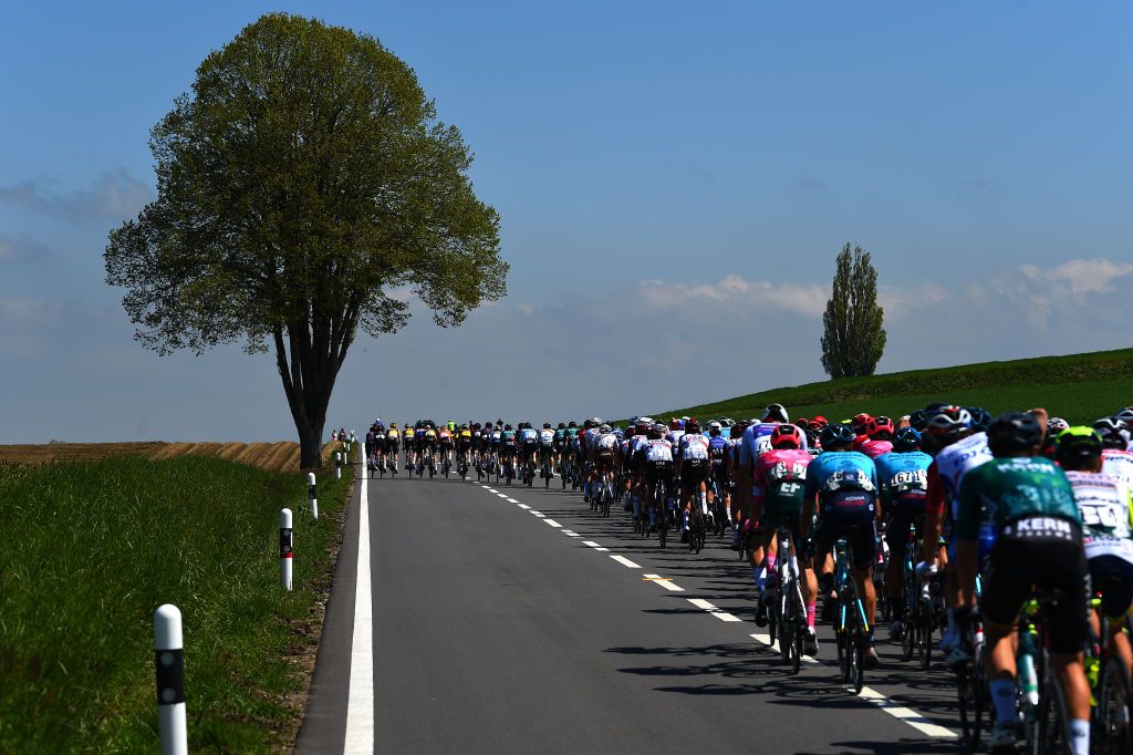 ROMONT SWITZERLAND APRIL 27 A general view of the peloton competing during the 75th Tour De Romandie 2022 Stage 1 a 178km stage from La Grande Beroche to Romont 777m TDR2022 on April 27 2022 in Romont Switzerland Photo by Dario BelingheriGetty Images