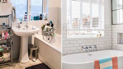 before and after pictures of bathroom renovation with white theme