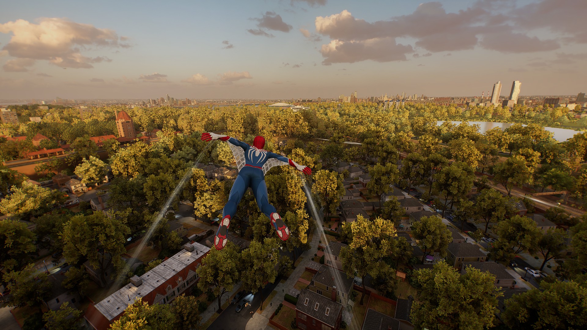 Spider-Man (Peter Parker) gliding over the city in Spider-Man 2.