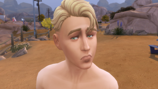 The Sims 4 - A Sim looks very sad standing outside in the desert without a shirt