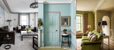 Three examples of ceiling trim ideas. Modern living room with gray painted ceiling trim. Blue hallway looking onto painted blue door with red striped border around ceiling trim. Green painted traditional living room.