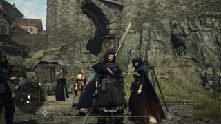 Dragon's Dogma 2 screenshot of an Arisen with their Pawns in the city of Vernworth