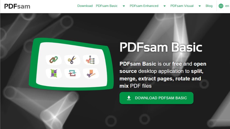 Website screenshot of PDFsam Basic (August, 2025)