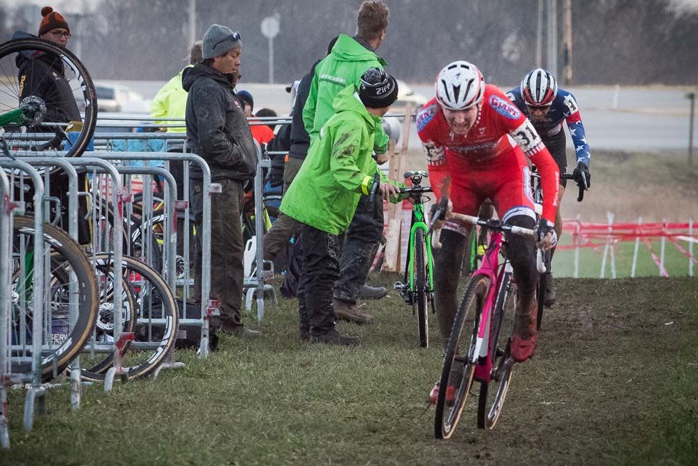 Logan Owen (CalGiant) and Jeremy Powers (Rapha) make bike changes during the final lap of racing